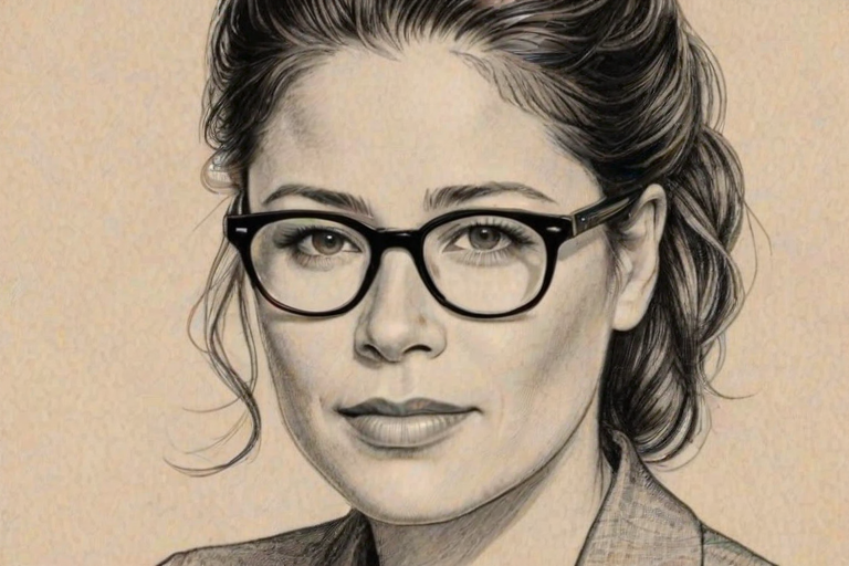 Pleasing Maura Tierney, pencil sketch, portrait of Enticing woman 1927s in glasses, hair style beatnik, outline, clear lines, fine lines, 8k