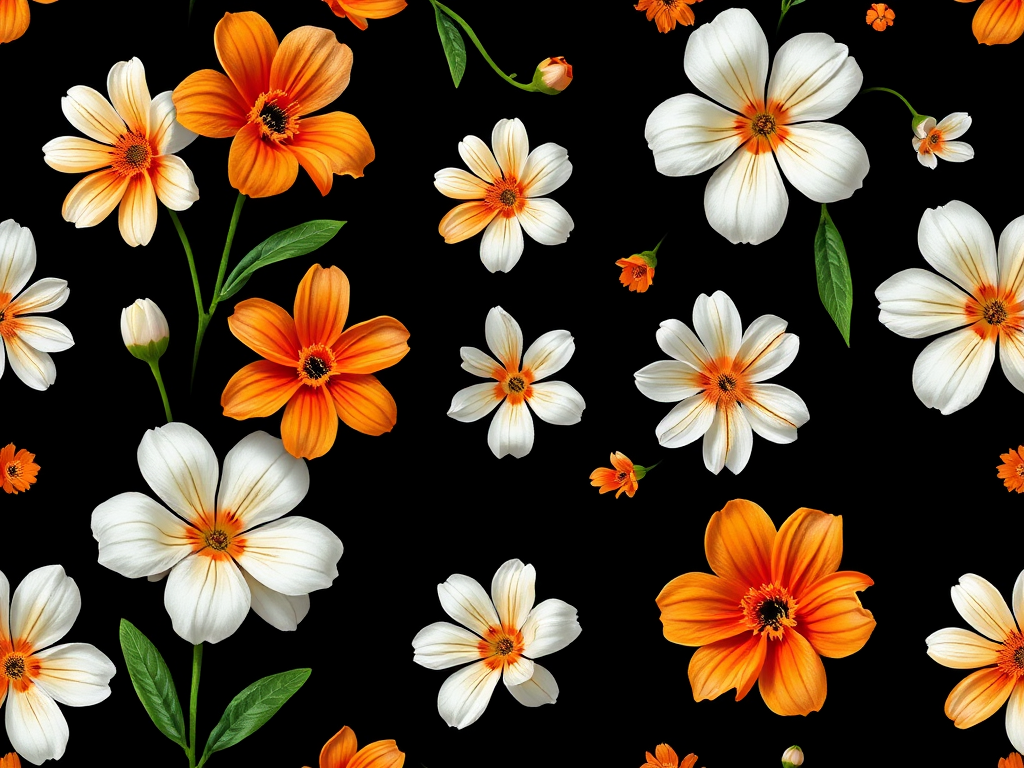 Create a seamless pattern of white and orange flowers against a solid black background, captured with a DSLR camera, 50mm lens, f/2.8 aperture, 1/60 shutter speed, ISO 100, natural light for enhanced vibrancy and detail.