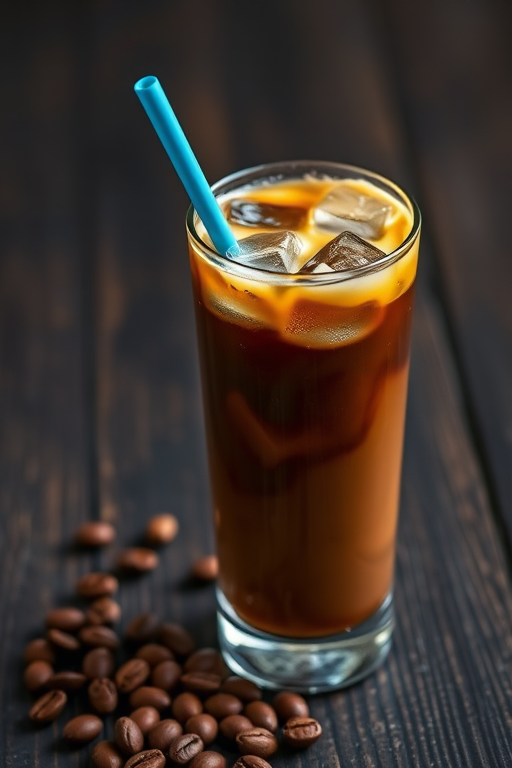 A high-quality image of an iced coffee in a tall glass with ice cubes and a blue straw, on a dark wooden surface with coffee beans scattered around; taken with a DSLR camera at f/1.8 aperture, ISO 100, 1/200 sec shutter speed, using a macro lens, with soft natural lighting for vibrant details.