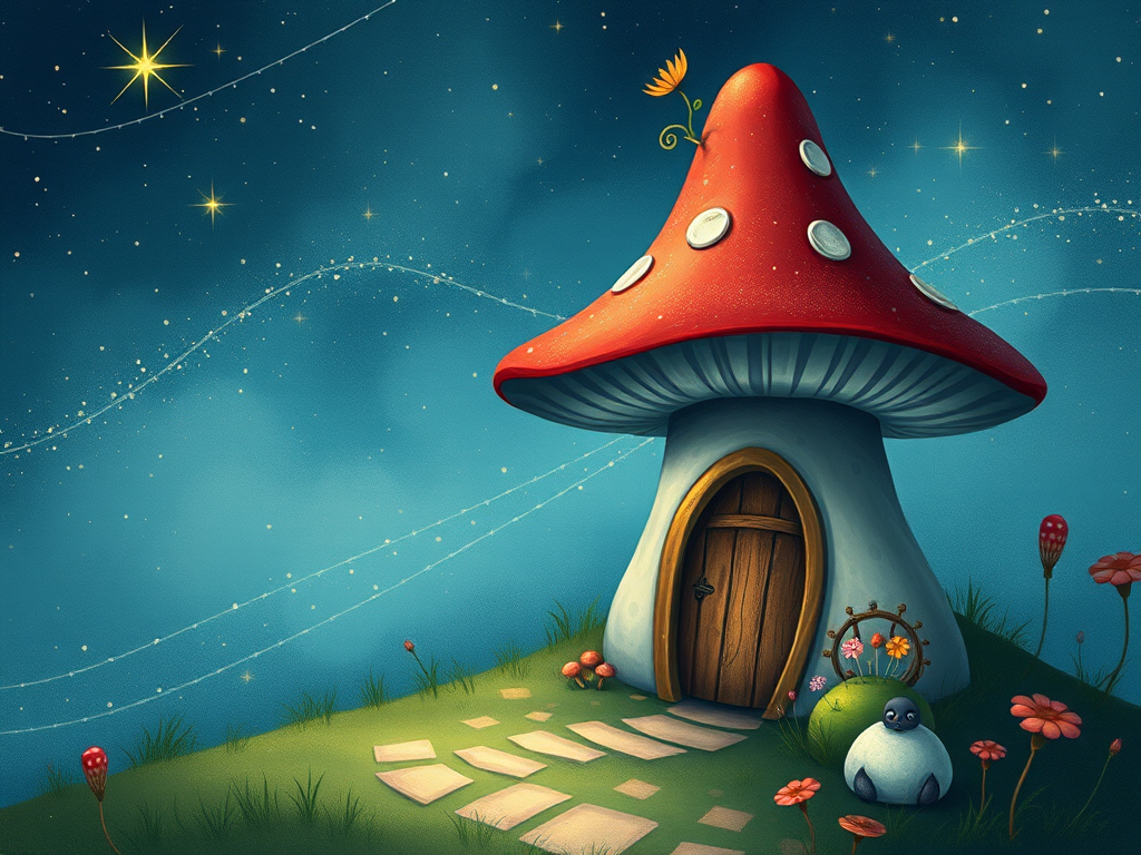 this photo is illustration of a mushroom house with a door and a window, a storybook , fantasy art, mushroom house, bg starry sky, sparkles