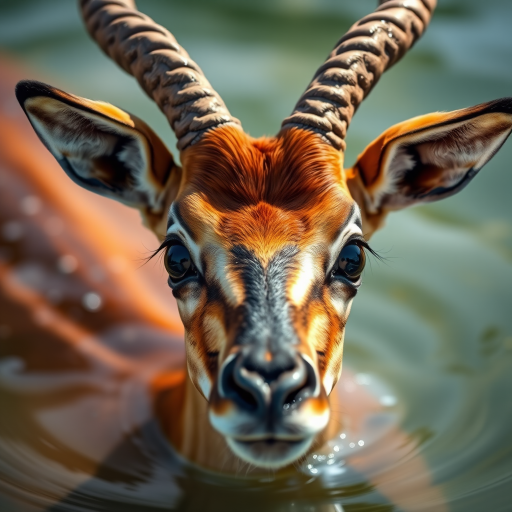 Capture a close-up portrait of a swimming antelope in clear water, focusing on its expressive eyes and detailed fur texture, using a Canon EOS 5D Mark IV, 50mm lens, f/1.8 aperture, ISO 100, 1/200 second shutter speed, natural lighting, and shallow depth of field for a blurred background.