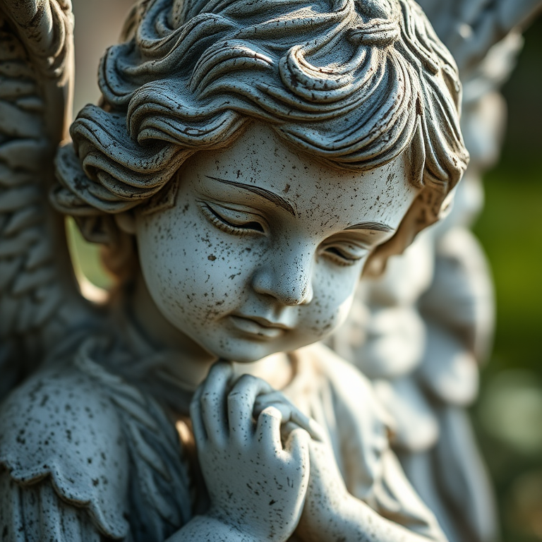 Regenerate a close-up of a weathered angel statue with intricate details, natural lighting, aperture f/2.8, shutter speed 1/100 sec, ISO 200, macro lens, shallow depth of field, capturing textures and imperfections in high resolution.