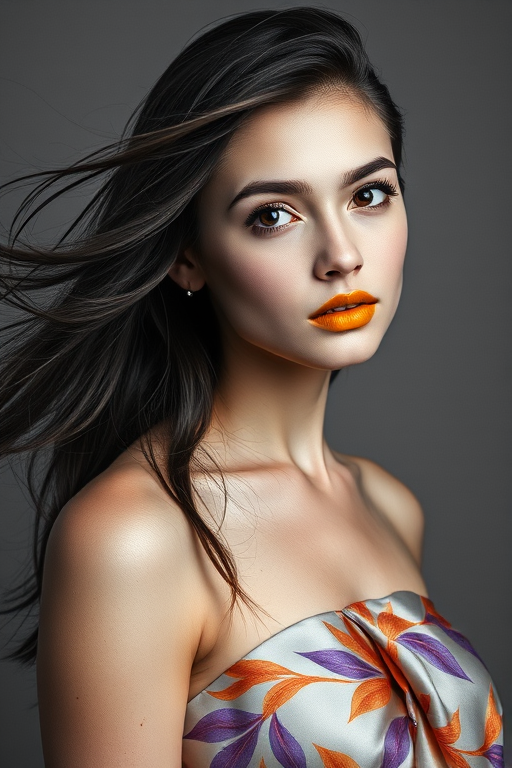 Photographic image of a beautiful young Kazakh woman, brown eyes, lips with Yellow lipstick, long hair fluttering in the wind and wearing a silk strapless dress with a soft purple and orange print. monochrome image with only color highlights in the iris of the eyes, lipstick and dress. Gray background.