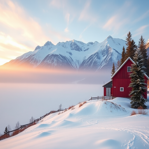 A serene winter landscape featuring a red barn beside a frozen lake, surrounded by snow-covered mountains and evergreen trees, captured at sunrise with a Canon EOS R5, 24mm lens, f/8 aperture, ISO 100, 1/250s exposure, in a wide-angle view for enhanced depth and detail.