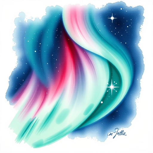 Ethereal "Aurora Borealis" tattoo style capturing the mesmerizing beauty of the Northern Lights, using a blend of watercolor techniques and fine line work to create sweeping veils of luminous greens, pinks, and purples against a starry night sky, with subtle white ink highlights adding a shimmering, otherworldly quality to the design