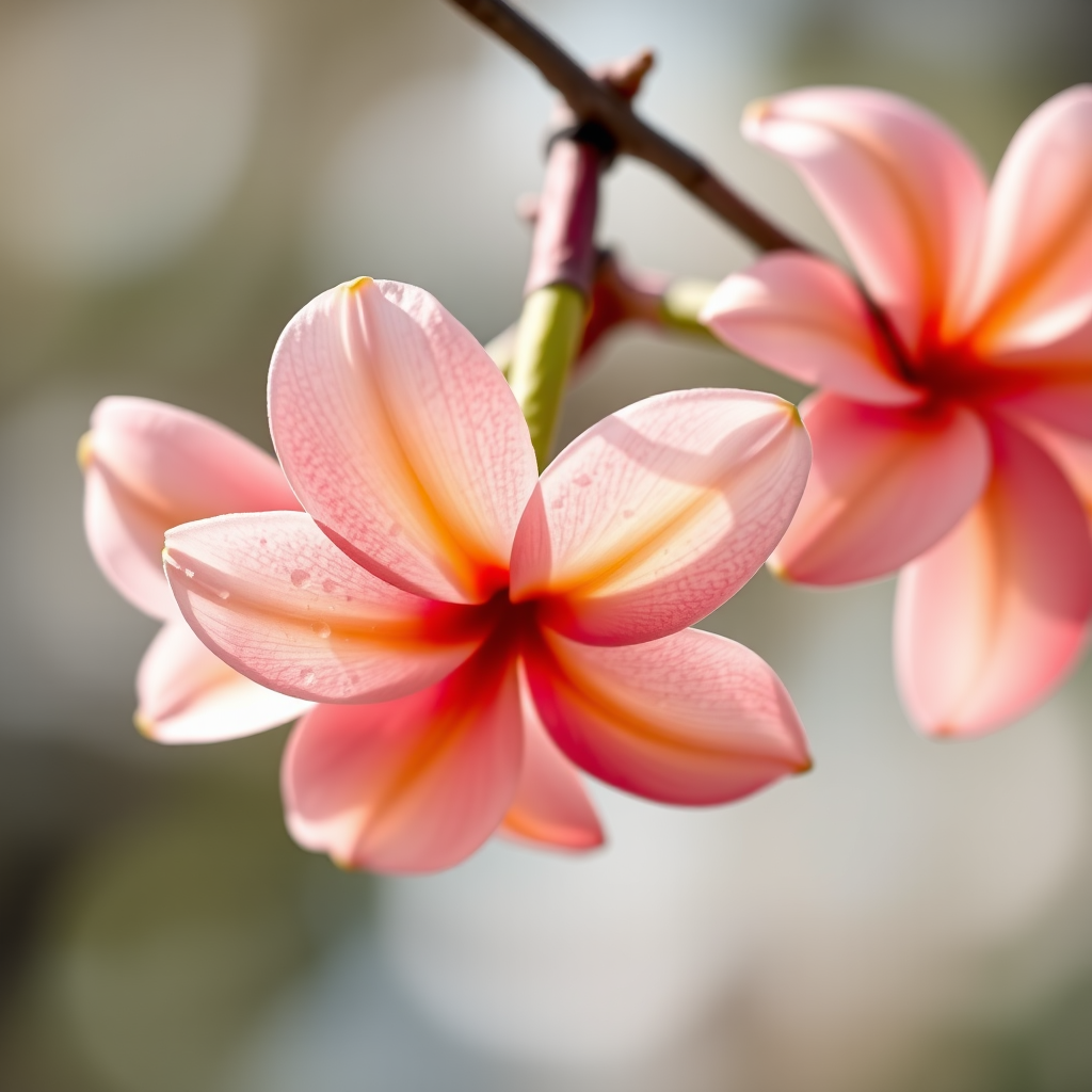regenerate a close-up image of a plumeria flower hanging from a branch, focus on detailing the petals with a soft background, use a Canon EOS R5 with a 100mm f/2.8 macro lens, aperture set to f/2.8, ISO 100, shutter speed 1/200s, natural lighting to enhance colors and textures.