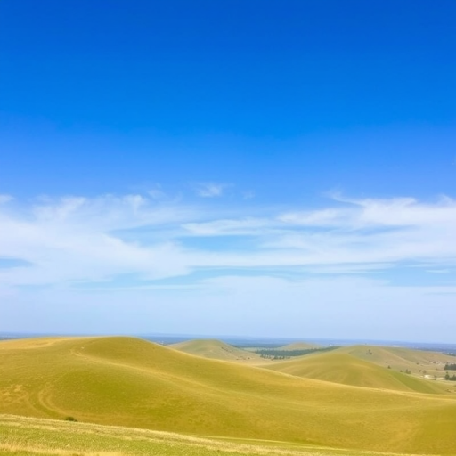 Generate a high-resolution image of a serene landscape with rolling hills and a clear blue sky, shot with a DSLR camera using a 35mm lens at f/8, ISO 100, and a shutter speed of 1/250s, captured from a wide-angle perspective to enhance depth and detail.