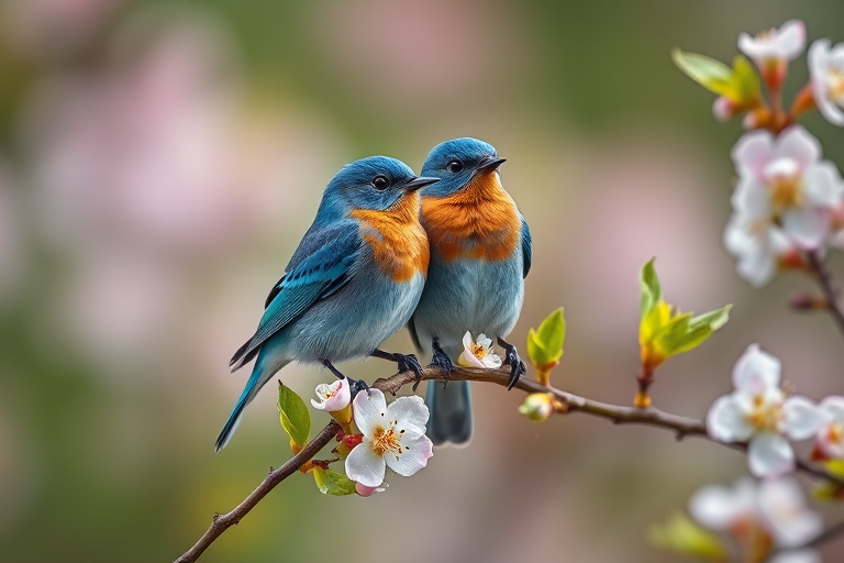 Capture a vibrant scene of two bluebirds perched on a flowering branch, using a Canon EOS R5 with a 100mm f/2.8 macro lens, set to aperture f/4 for a shallow depth of field, ISO 200 for clarity, and a shutter speed of 1/200 sec, with soft natural lighting to bring out the colors of the birds and blossoms.