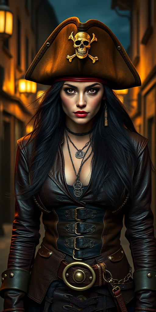 Create a portrait of a fierce female pirate. She wears a leather tricorn hat adorned with a skull and crossbones emblem, and her long, dark hair flows around her face. Her outfit consists of a richly detailed leather jacket, a corset, and multiple layers of belts and accessories, giving her a formidable and stylish appearance. She stands confidently in a dimly lit, historic port town, with a backdrop of weathered buildings and cobblestone streets, capturing the adventurous spirit of a pirate.