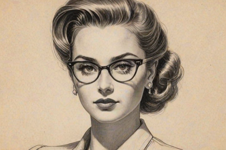 Magnificent JoJo, pencil sketch, portrait of Fascinating woman 1947s in glasses, hair style beatnik, outline, clear lines, fine lines, 8k