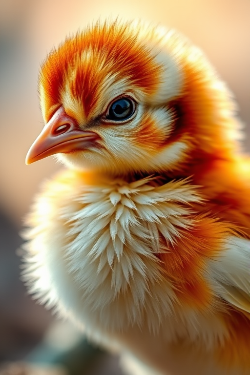 create a high-resolution illustration of a chick with detailed feathers and texture, use a Canon EOS R5 with a 85mm f/1.2 lens, aperture set to f/2.8, ISO 100, in natural light with a soft focus background and vibrant colors.