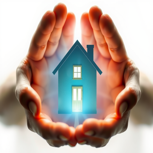 Create an ethereal image of a house encapsulated in glowing hands, soft focus, 50mm lens, f/1.8 aperture, ISO 100, natural lighting, against a white background, capturing a sense of protection and warmth.