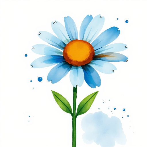 A single blue daisy flower in a loose, whimsical watercolor style. The petals are unevenly spread, with soft blue and brown tones. The stem is thin and slightly curved, with two green leaves, while watercolor splatters create an organic, artistic effect around the flower. The background is light beige with natural watercolor textures and splashes.