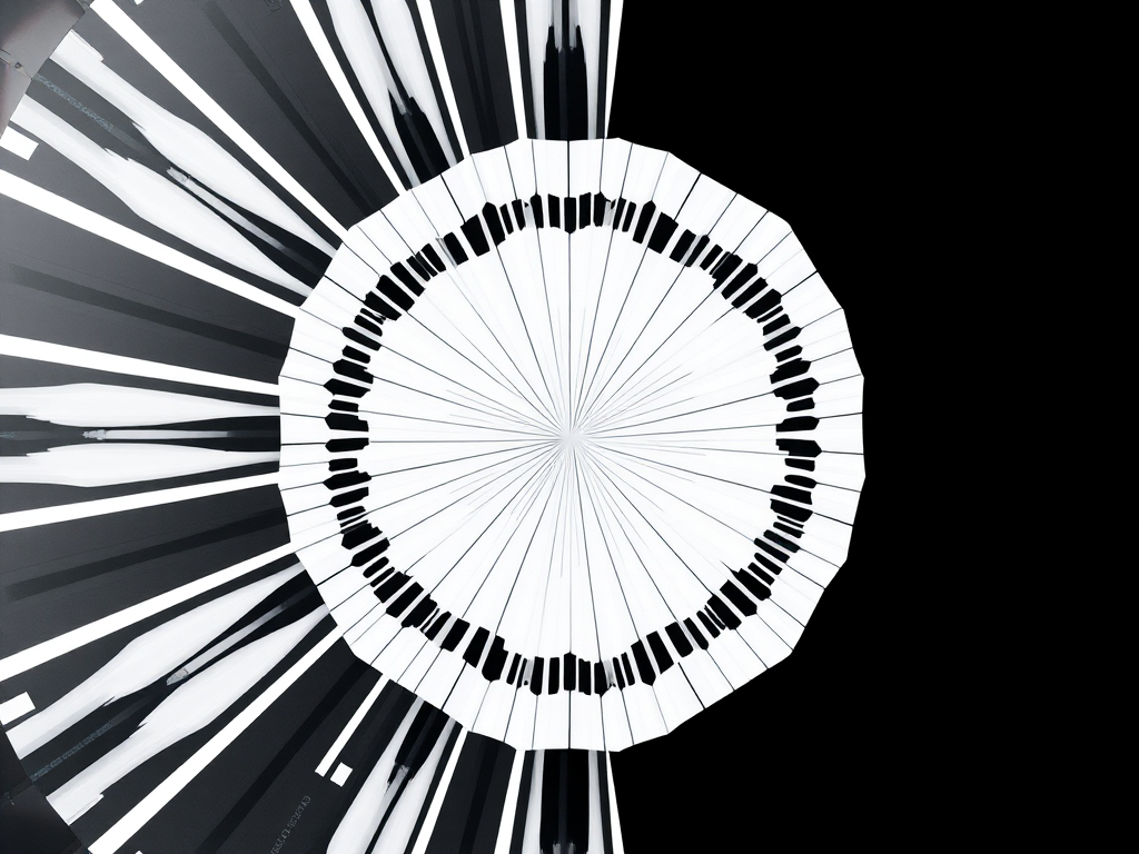 Generate an abstract black and white geometric pattern with high contrast and sharp lines, using a DSLR camera with a 50mm lens, aperture set to f/1.8, ISO 200, and shot from a top-down view in soft natural lighting.