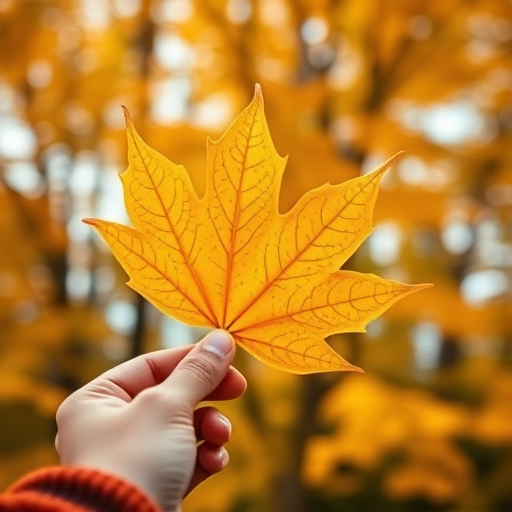 Capture a close-up of a person holding a vibrant yellow maple leaf against a blurred background of autumn foliage, using a DSLR camera with a 50mm f/1.8 lens, aperture set to f/2.8, ISO 200, and a shallow depth of field for a soft bokeh effect.