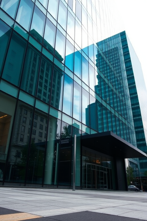 Capture a high-resolution image of a modern glass building reflecting its surroundings, using a DSLR camera, 50mm lens, aperture f/8, shutter speed 1/125s, ISO 100, shot from a low angle with a slight tilt to emphasize the reflection and sky.