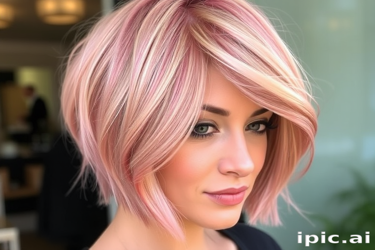 Radiant Rose Gold Coif exhibits a warm, metallic sheen in a fashionable asymmetrical bob, with soft pink undertones and expertly styled waves framing the face