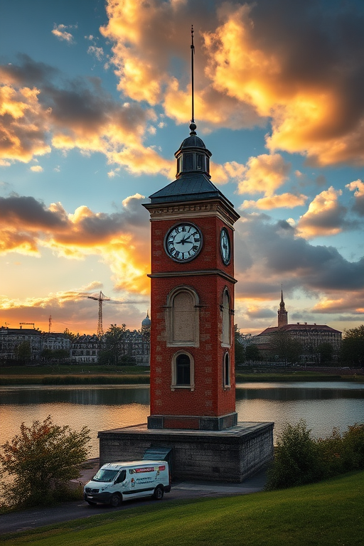 Capture a scenic view of a historic clock tower by a lake during golden hour, with dramatic clouds in the sky, using a Canon EOS R5, 50mm lens, aperture f/8, ISO 100, shutter speed 1/200 sec, and HDR style to enhance details and color richness.