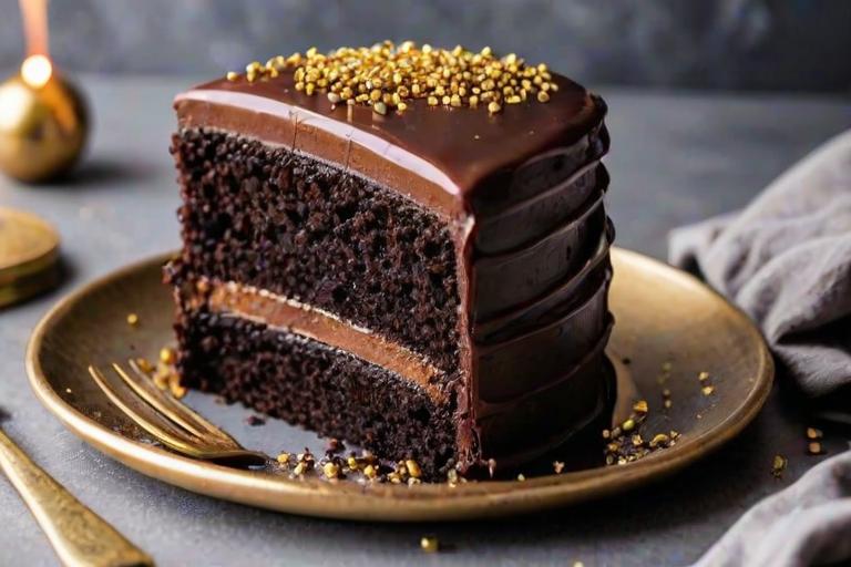 Close-up of a decadent chocolate cake with layers of rich frosting, soft light highlighting the glossy ganache and sprinkles of edible gold on top, with a fork resting beside it.