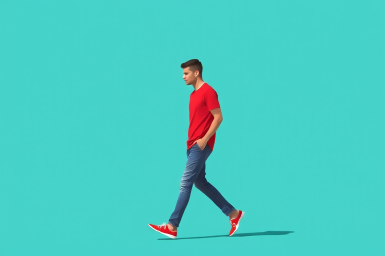 Create a minimalistic digital illustration of a man walking, wearing a red t-shirt and blue jeans, set against a solid turquoise background, captured with a DSLR camera, 50mm lens, f/2.8 aperture, and natural lighting for enhanced color vibrancy.