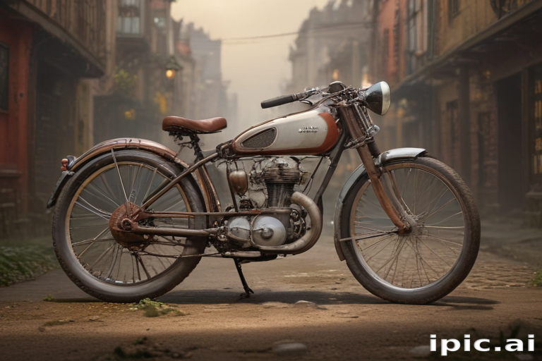 Rustic Motorcycle Background Vintage Motorcycle Parked in a Quiet, Rustic Street at Dusk.