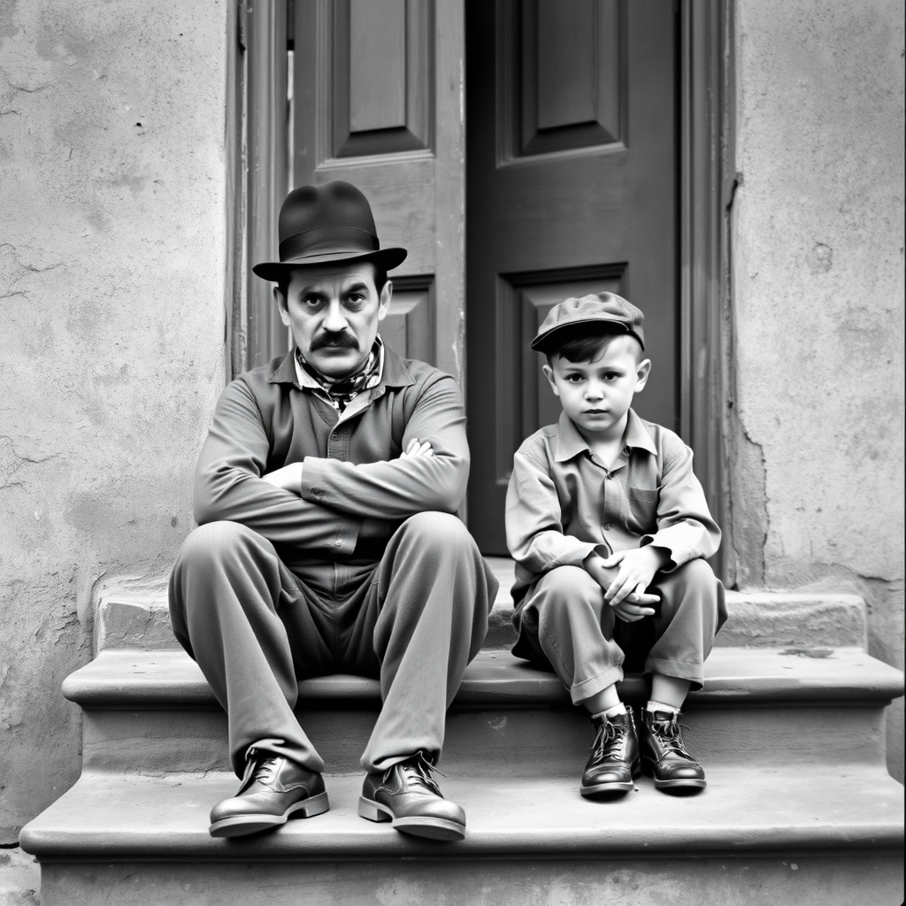A black-and-white photograph of a man and a child sitting on steps in front of a doorway. The man is dressed as a tramp with a bowler hat, mustache, and ragged clothes, reminiscent of Charlie Chaplin's iconic look. He is sitting with his arms crossed and an expression of slight sadness or frustration. Next to him is a young boy, also in worn clothes and a cap, sitting with his hands clasped, looking thoughtful. The background is an old, textured wall and a partially open door, creating a vintage, early 20th-century atmosphere.