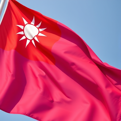 Generate an image of the Taiwan flag waving in the wind, capturing vibrant colors and details, using a DSLR camera with a 50mm lens, aperture set to f/2.8, ISO 100, shot from a low angle with natural lighting.