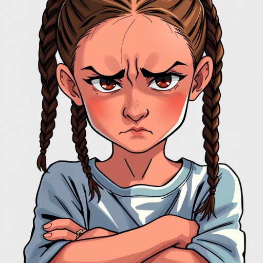 Create a detailed illustration of a girl with braided hair and an irritated expression, arms crossed, using a Canon EOS R5 camera, 50mm lens, f/1.8 aperture, ISO 100, in portrait orientation, with soft natural lighting to enhance the image quality.