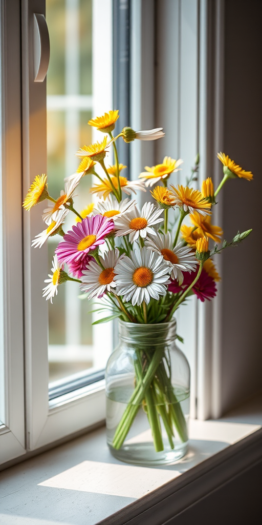 vase of mixed flowers including daisies and yellow blooms on a windowsill with natural light, captured with a Canon EOS 5D Mark IV, 50mm lens, aperture f/2.8, ISO 200, soft focus background, bright and airy style