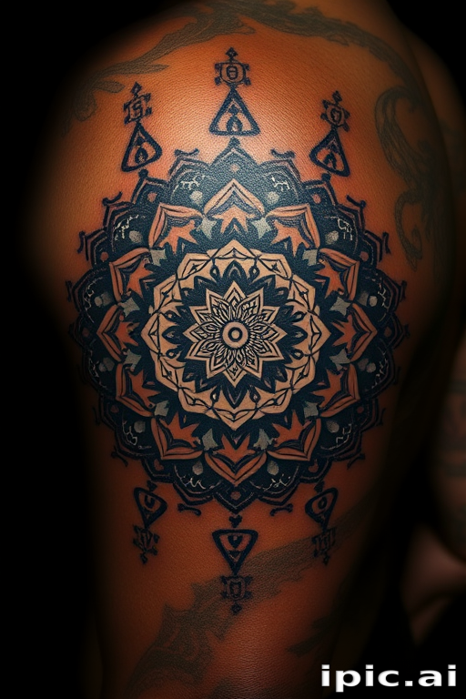 Mesmerizing mandala tattoo with intricate geometric patterns and sacred symbols, adorned with dotwork shading and white ink highlights, creating a mesmerizing three-dimensional effect on dark skin