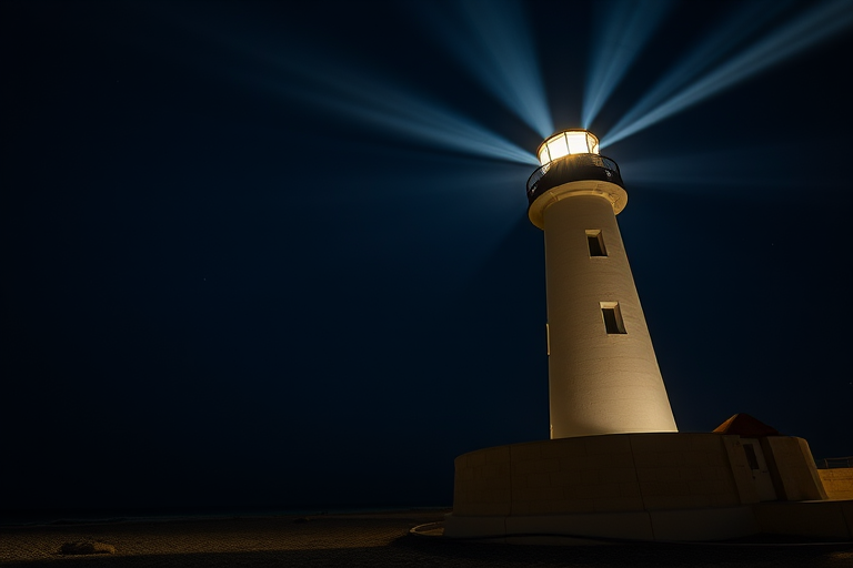 Capture a high-resolution image of a lighthouse illuminated at night with beams of light radiating outward, using a Canon EOS 5D Mark IV, 24mm lens, aperture f/8, ISO 100, shutter speed 15 seconds, tripod mounted from a low angle for a dramatic perspective.