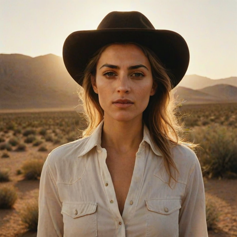 Dramatic photo of a beautiful Druze woman, classic cowboy attire, confident and free spirit expression, half-length portrait, centered, golden hour desert landscape, warm, diffused light, low angle, medium format film camera, in style of Annie Leibovitz.