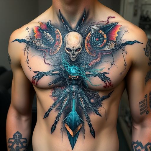 Biomechanical tattoo called "Cybernetic Symphony" blending organic forms with mechanical elements, creating the illusion of exposed robotic parts beneath torn skin, incorporating circuit board patterns and glowing energy lines, ideal for shoulder, chest, or thigh placement