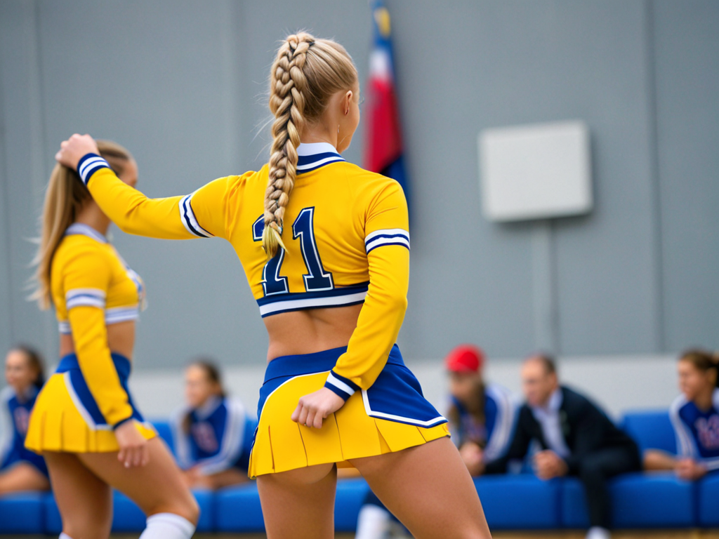 Free Ai Image Generator - High Quality and 100% Unique Images - iPic.Ai  cheerleader, yellow uniform, knee socks, blonde braided hair, bending over.  spreading legs, back to camera