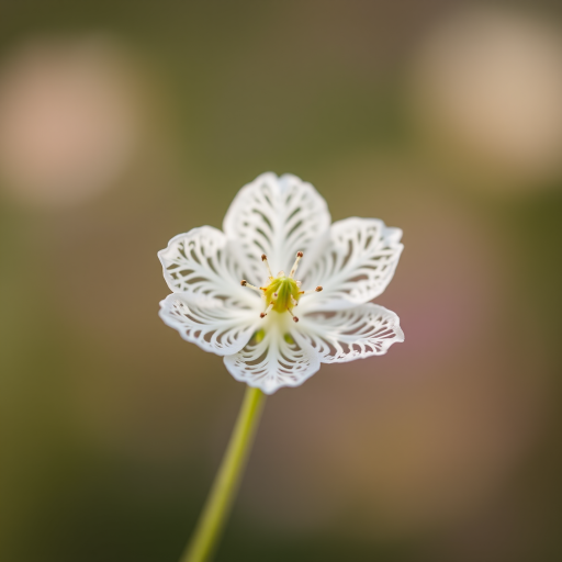 Macro shot of a delicate flower with intricate, lacy petals against a soft, blurred background, using a Canon EOS 5D Mark IV, 100mm f/2.8 macro lens, f/4 aperture, 1/200s shutter speed, ISO 100, shallow depth of field, natural light, focus on the flower to enhance detail.