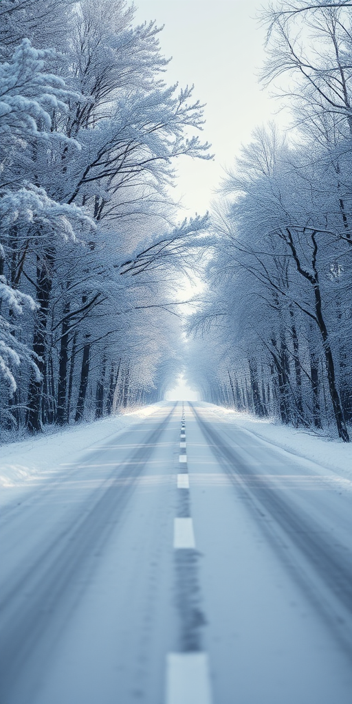 Create a serene winter landscape of a road lined with snow-covered trees, shot with a Canon EOS R5, 35mm lens, f/2.8, ISO 100, shutter speed 1/125s, from a low-angle perspective, with soft natural lighting and a slight vignette for depth.