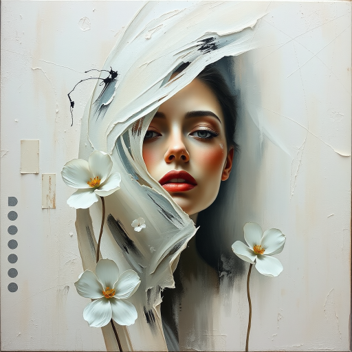An ethereal woman emerges from a textured canvas, a modern abstract portrait shrouded in delicate mystery. Bold, expressive brush strokes, dynamic interplay of light and shadow. whites and creams, sense of purity and timelessness. Floral motifs bloom around her