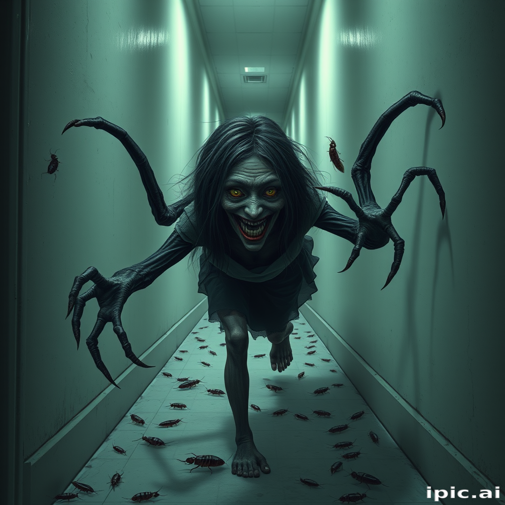 a crooked woman with long arms and a creepy smile is crawling along a long white corridor and you can also see cockroaches in it there is a creepy atmosphere creepy art style