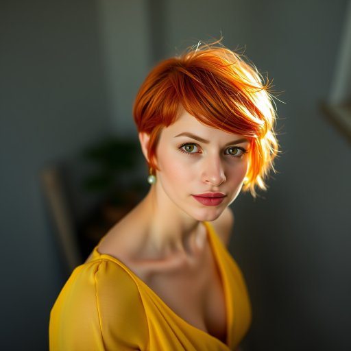 portrait of a woman with short vibrant orange hair in a yellow dress, soft natural lighting, shallow depth of field, high-resolution, taken with a Canon EOS R5 with a 50mm f/1.2 lens, captured from eye level with a slight soft focus effect in the background, vibrant colors and contrast
