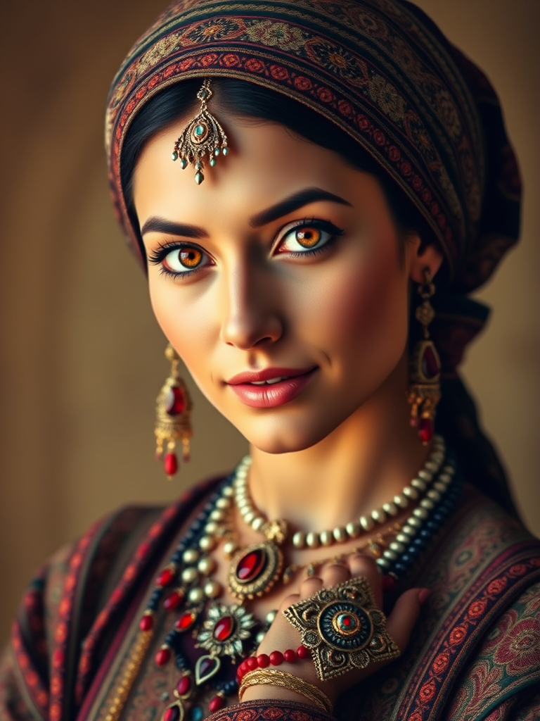 Create a portrait of a beautiful Sephardic woman with striking red eyes and a gentle expression. She is adorned in traditional attire with intricate patterns, including a richly embroidered headscarf and matching garments. Her jewelry includes a delicate headpiece, dangling earrings, and ornate bracelets, all featuring vibrant gemstones and detailed metalwork. The background is soft and warm, enhancing the rich colors of her outfit and jewelry.