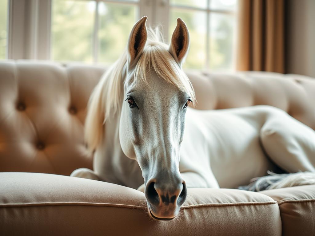 A serene white horse resting on a plush sofa, soft natural lighting, shallow depth of field, focal length 50mm, aperture f/1.8, ISO 200, taken with a DSLR camera in portrait orientation.