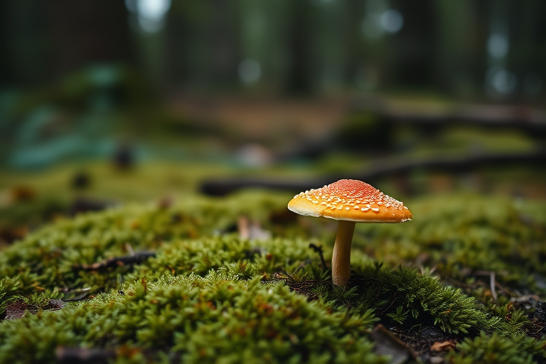 mushroom on mossy ground in a forest, shallow depth of field, f/2.8, ISO 100, 1/200s, 50mm lens, DSLR camera, soft natural lighting, muted colors, vertical composition