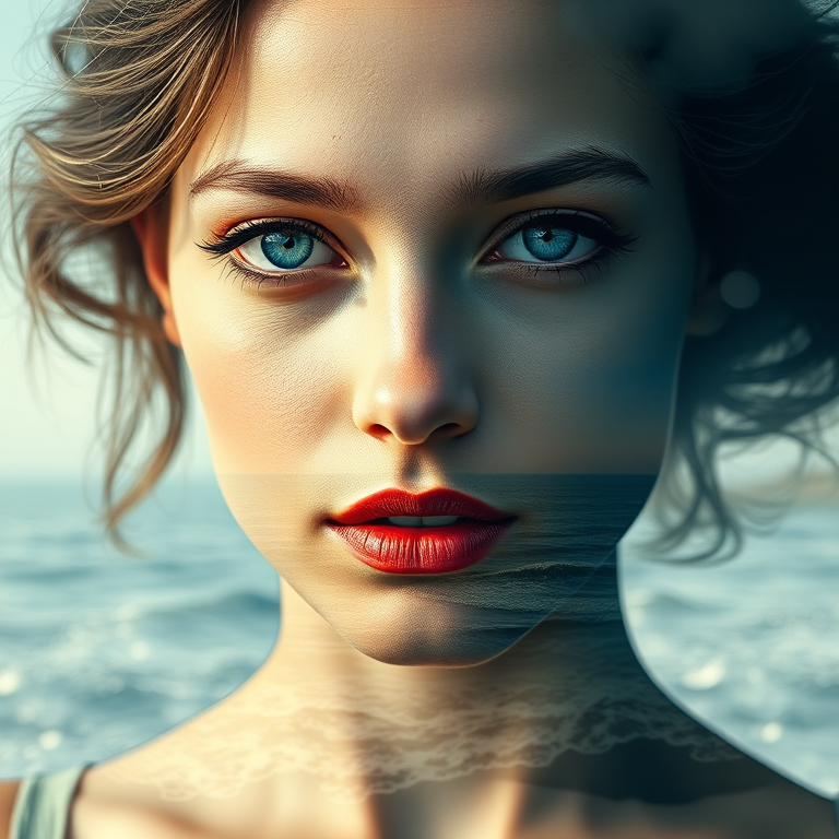 create Book cover, A surreal double exposure portrait that blends a woman's face with a beautiful seascape. The overall mood is dreamy and mystical, with rich colors and intricate details