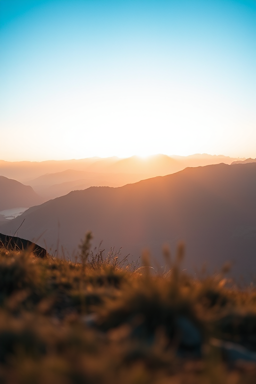 create a high-resolution image of a serene landscape with mountains in the background and a clear blue sky, set at sunset, using a DSLR camera with a 35mm lens, aperture f/8, ISO 100, shutter speed 1/200s, shot from a low angle to emphasize the foreground, using a wide-angle perspective for depth.