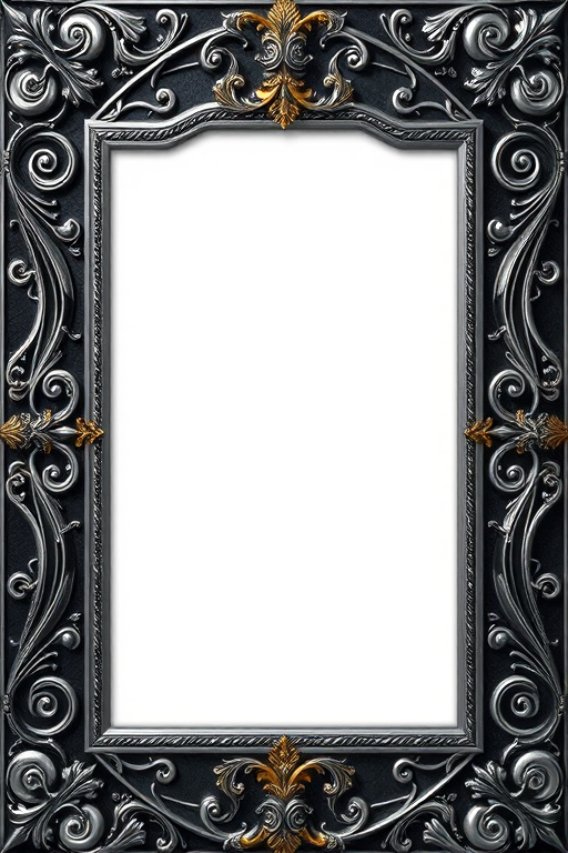Create a detailed digital illustration of an ornate frame featuring intricate silver and black designs with golden accents, using a DSLR camera at f/8 aperture, ISO 200, 35mm focal length, captured in high resolution with a natural light setup for enhanced depth and clarity.
