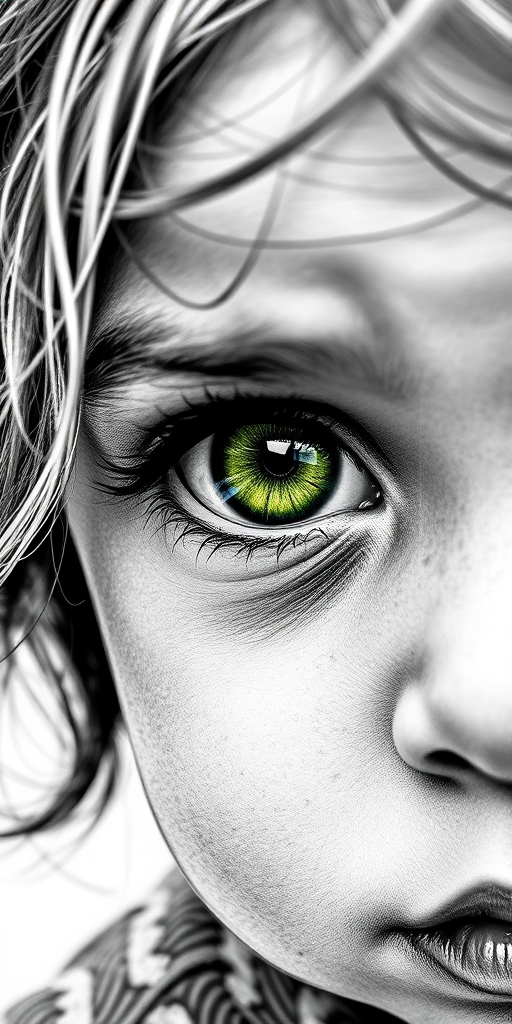 A hyperdetailed photorealistic black and white sketch of a beautiful toddler with deep green eyes, with a macro focus