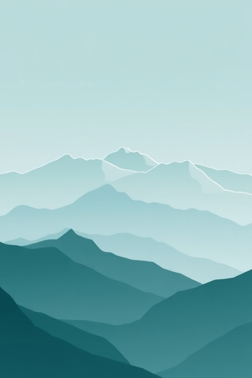 Generate a minimalist landscape illustration featuring layered mountains in shades of teal and gray with white outlines, using a Nikon D850, ISO 100, f/8, 50mm lens, captured from a wide-angle view to enhance depth and clarity.