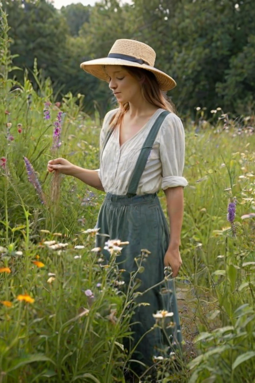 Overgrown garden, wildflowers and tall grass swaying gently in the breeze, a woman tends to a patch of herbs, her straw hat shading her face as she works.