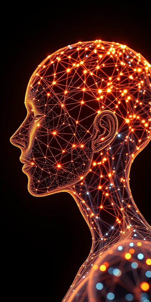Create a hyper-realistic image of a humanoid profile made of interconnected glowing networks of light and data, using a Canon EOS R5, 50mm lens, f/1.8 aperture, ISO 100, in a studio setting with soft backlighting to enhance contrast and clarity.