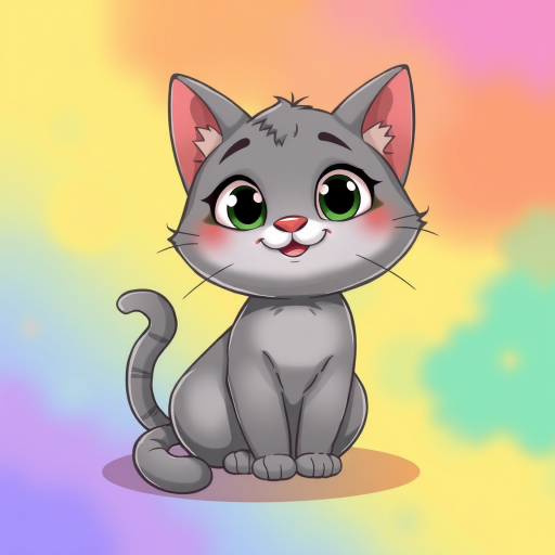 Create a cartoon-style illustration of a cute, gray cat with large expressive eyes, sitting with a playful posture, in a bright and colorful background, using a digital art style with 300 DPI resolution, a 35mm lens for a slight depth of field effect, and soft lighting to enhance details.
